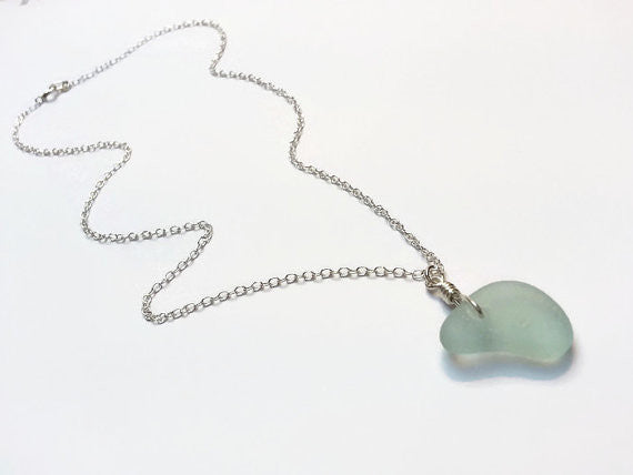Genuine pale blue-green seaglass pendant necklace